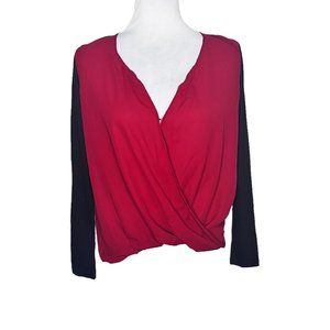 TOBI Red Polyester V-Neck Top with Black Sleeves Size S